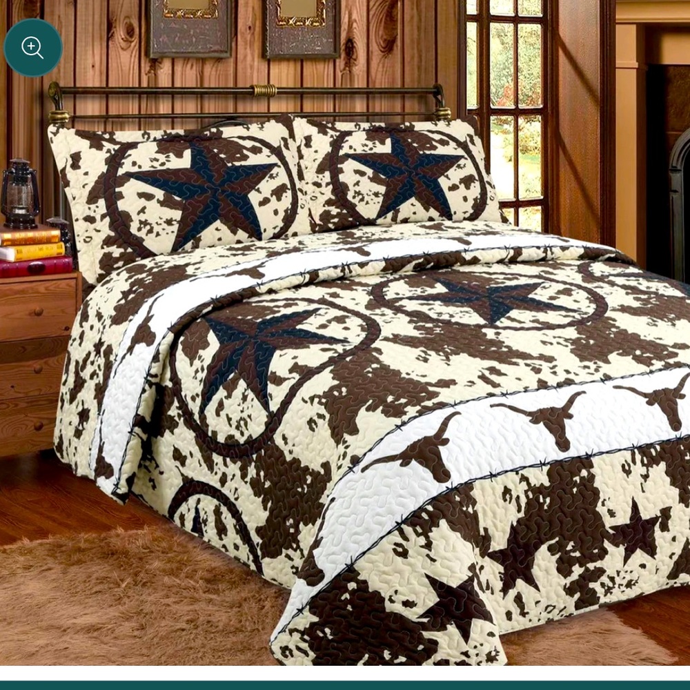 Brand New! Never opened Cowhide, Steer, Western Star 3 piece quilt set Queen